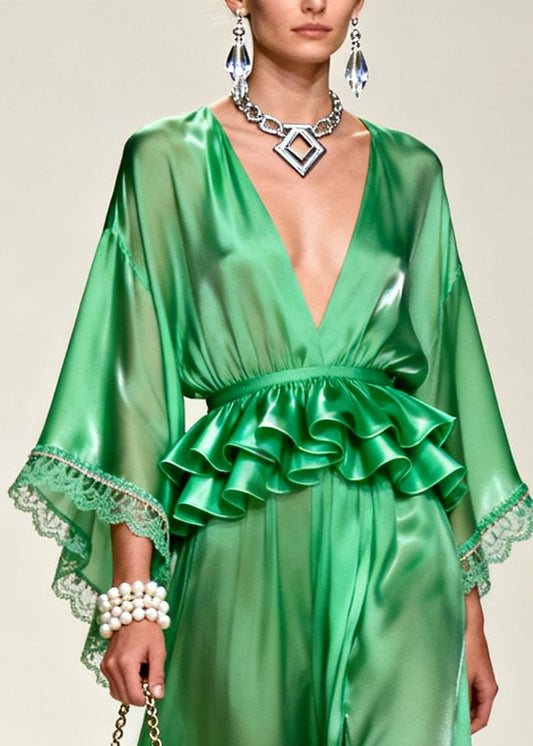 Unique Tea Green solid color Side Open Chiffon Party Dress Summer