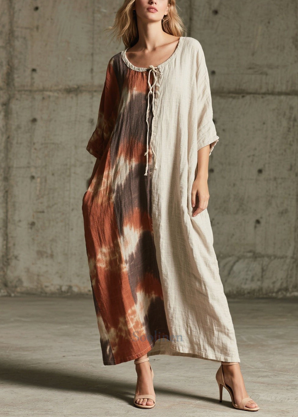 Unique Tie Dye Patchwork Cotton Maxi Dress Bracelet Sleeve