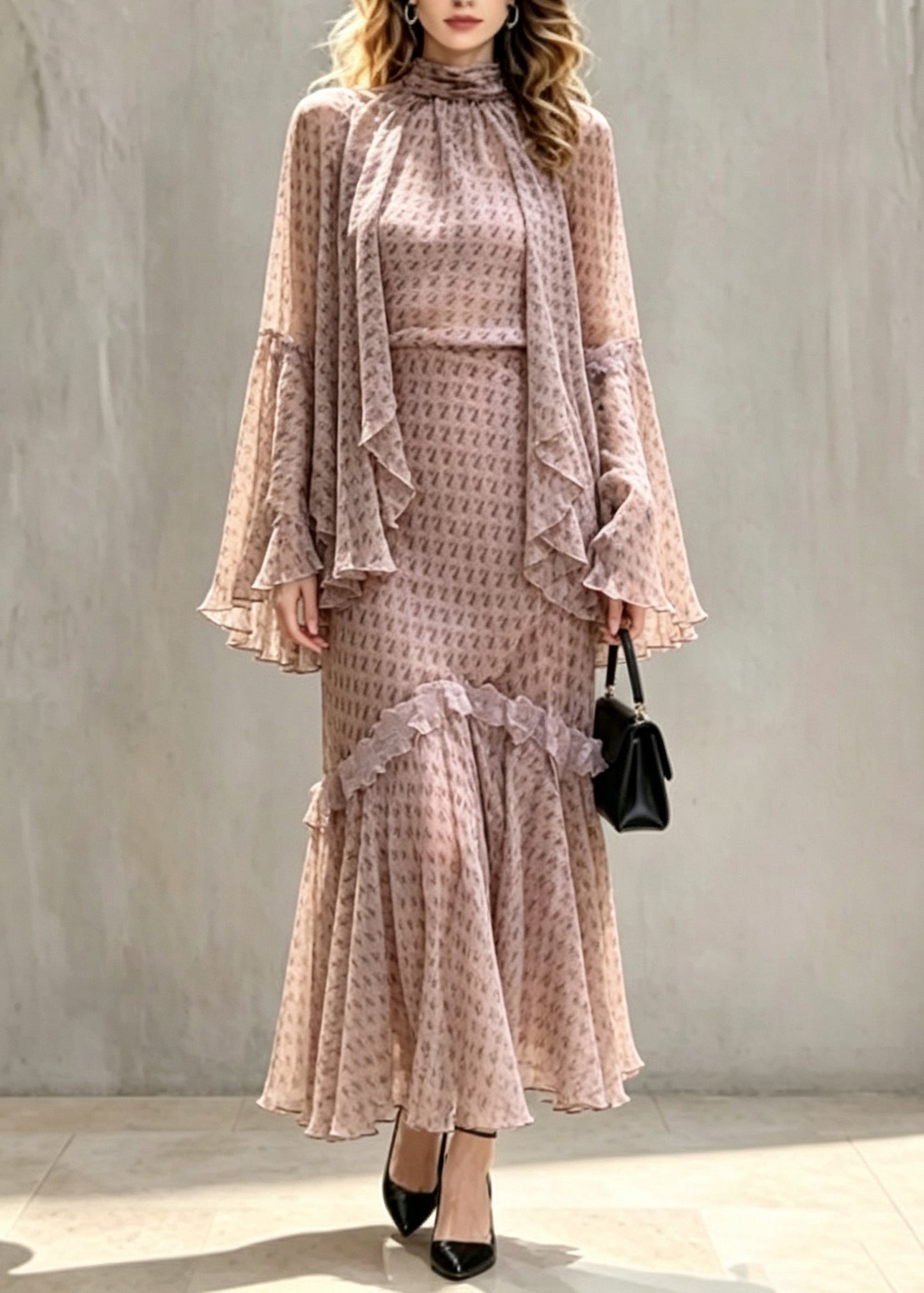 Unique Turtleneck Ruffled Patchwork Tops Maxi Skirts And Two Piece Set Fall