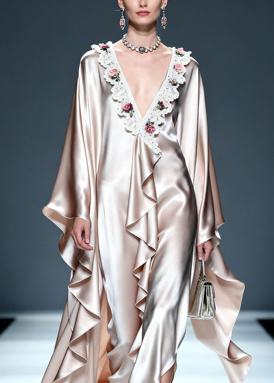 Unique V Neck Asymmetrical Design Ruffled Lace Floral Silk Dress Summer