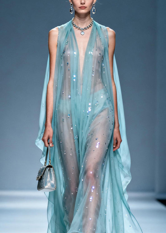 Unique V Neck Zircon Chiffon Long Dresses Summer