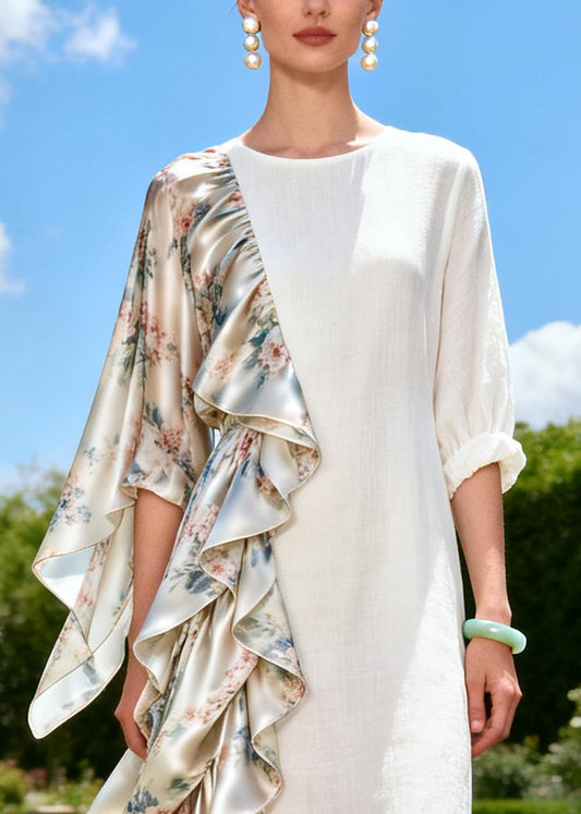 Unique White Asymmetrical Patchwork Linen Silk Long Dress Summer