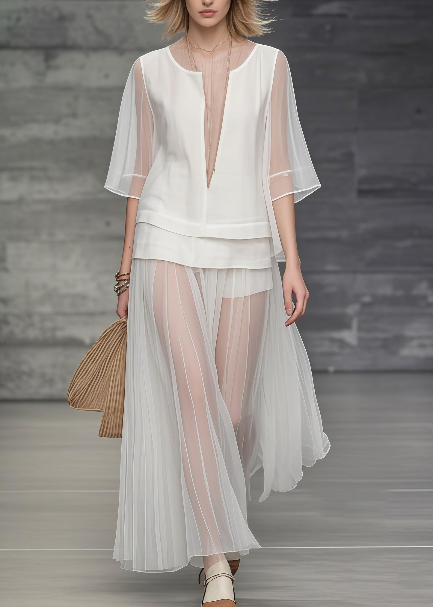 Unique White Deep-V Neck Patchwork Tulle Two Piece Set Women Clothing Summer