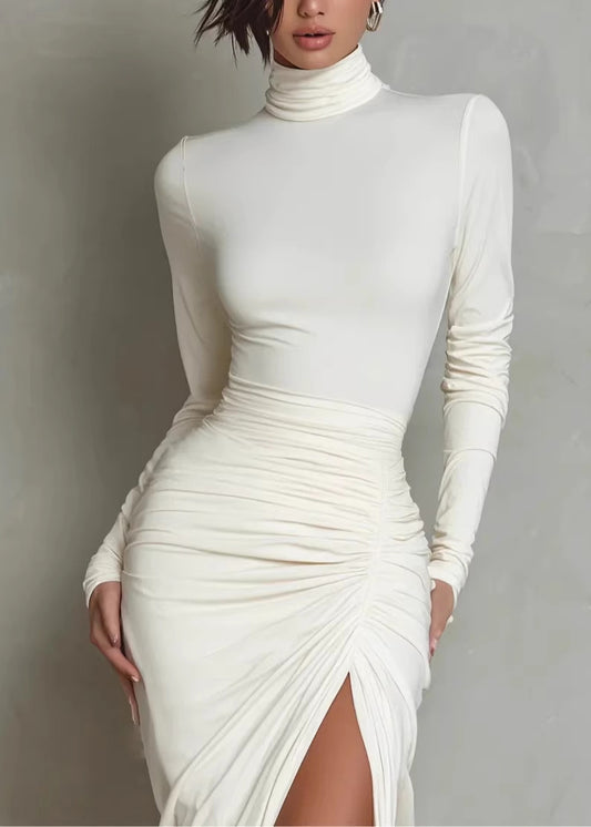 Unique White Hign Neck Side Open Cotton Dress Long Sleeve
