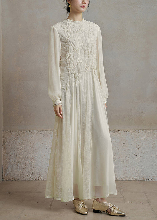 Unique White O-Neck Ruffled Lace Maxi Dresses Fall