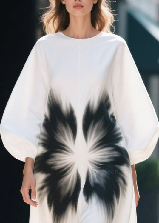 Unique White Oversized Print Cotton Straight Dress Lantern Sleeve