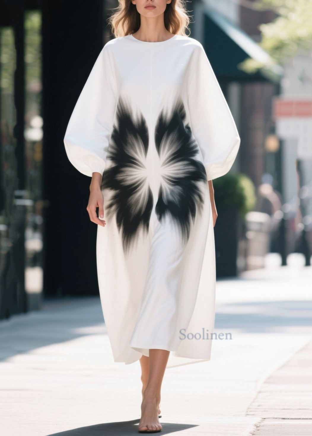 Unique White Oversized Print Cotton Straight Dress Lantern Sleeve