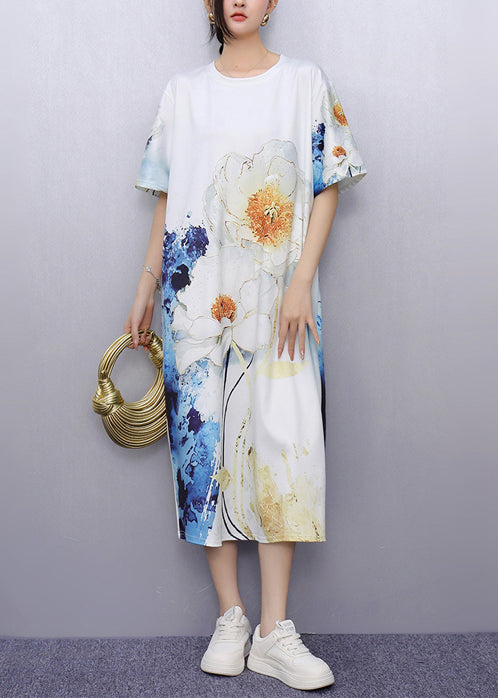 Unique White Print Cotton Straight Dresses Summer