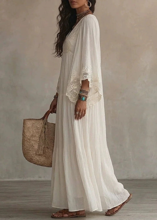 Unique White V Neck Wrinkled Patchwork LaceVacation Dresses Bracelet Sleeve