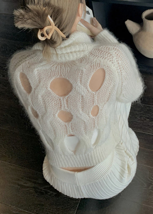 Unique White Zippered Hole Cotton Knit Top Fall