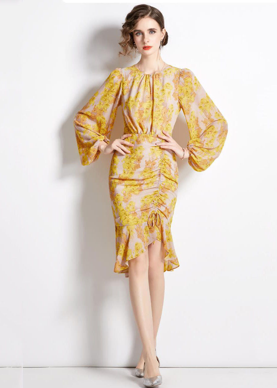 Unique Yellow Cinched Print Chiffon Fishtail Dresses Lantern Sleeve