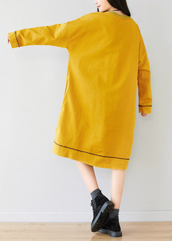 Unique Yellow O-Neck Asymmetrical Animal print Dress Spring