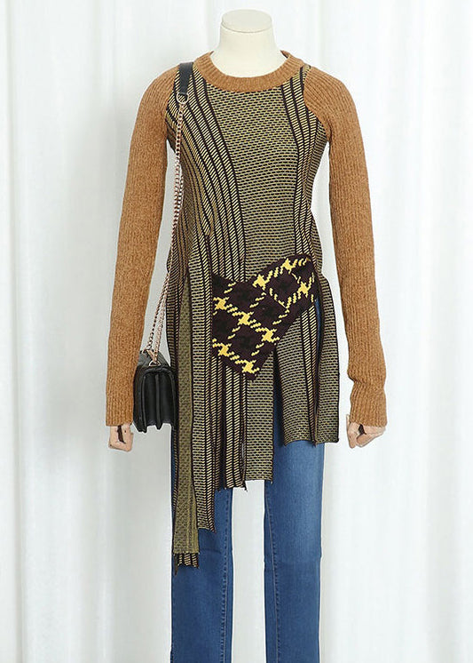 Unique Yellow O-Neck Asymmetrical Patchwork Knit Tops Fall