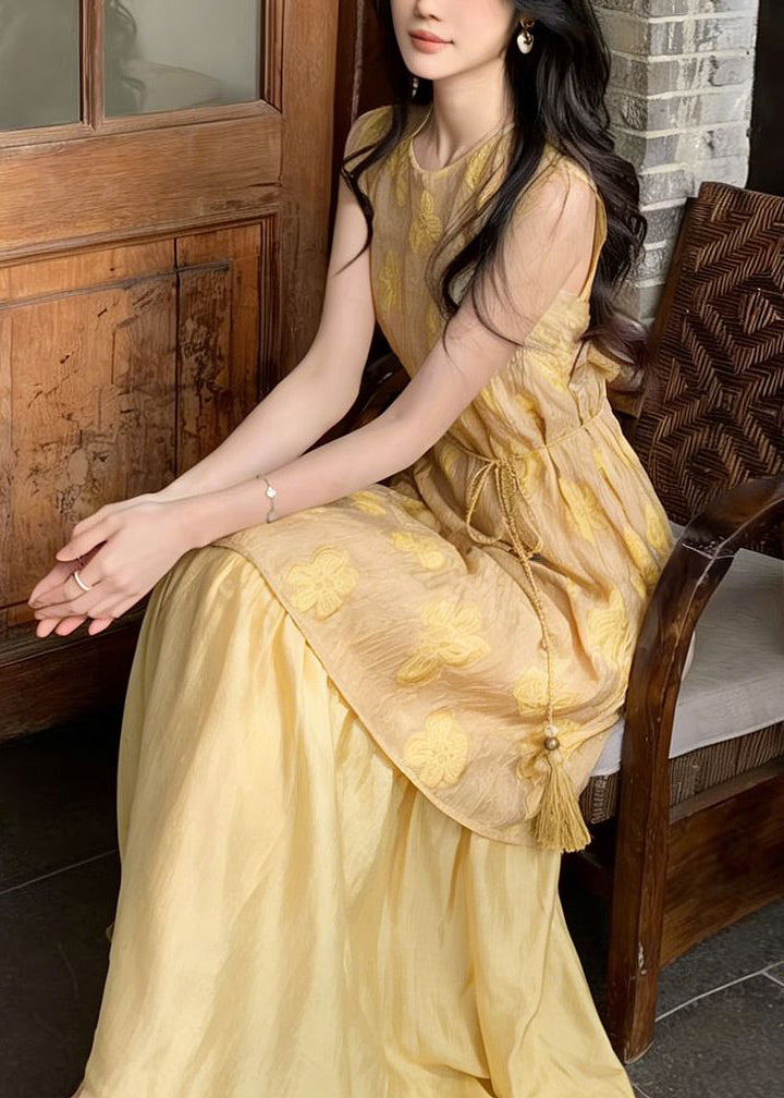 Unique Yellow O-Neck Print Tie Waist Holiday Long Dress Short Sleeve