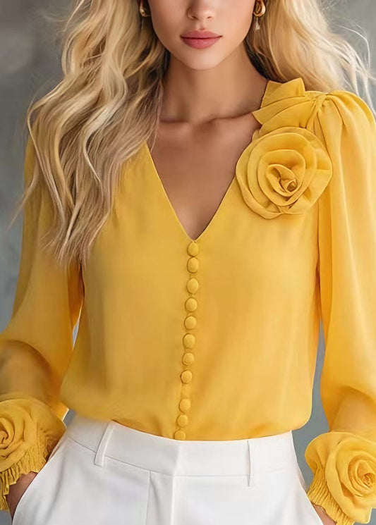 Unique Yellow V Neck Floral Chiffon Shirt Tops Spring