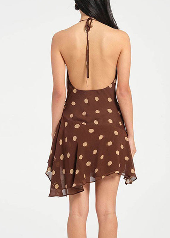Unique Yellow V Neck Print Backless Chiffon Mid Dresses Sleeveless