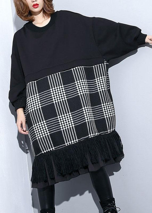 Unique black patchwork Cotton Long Shirts tassel A Line fall Dresses - SooLinen
