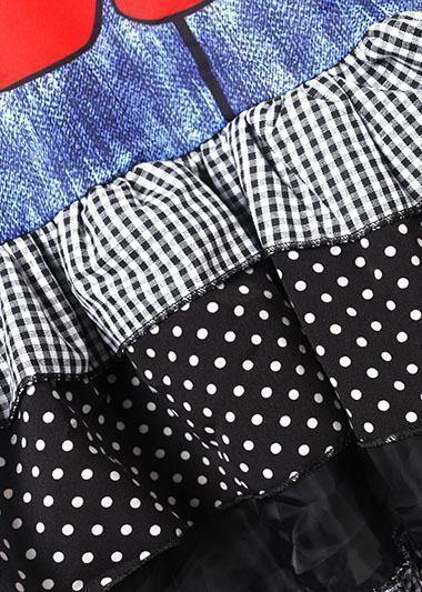 Unique blue prints Cotton tunic dress ruffles hem daily summer Dresses - SooLinen