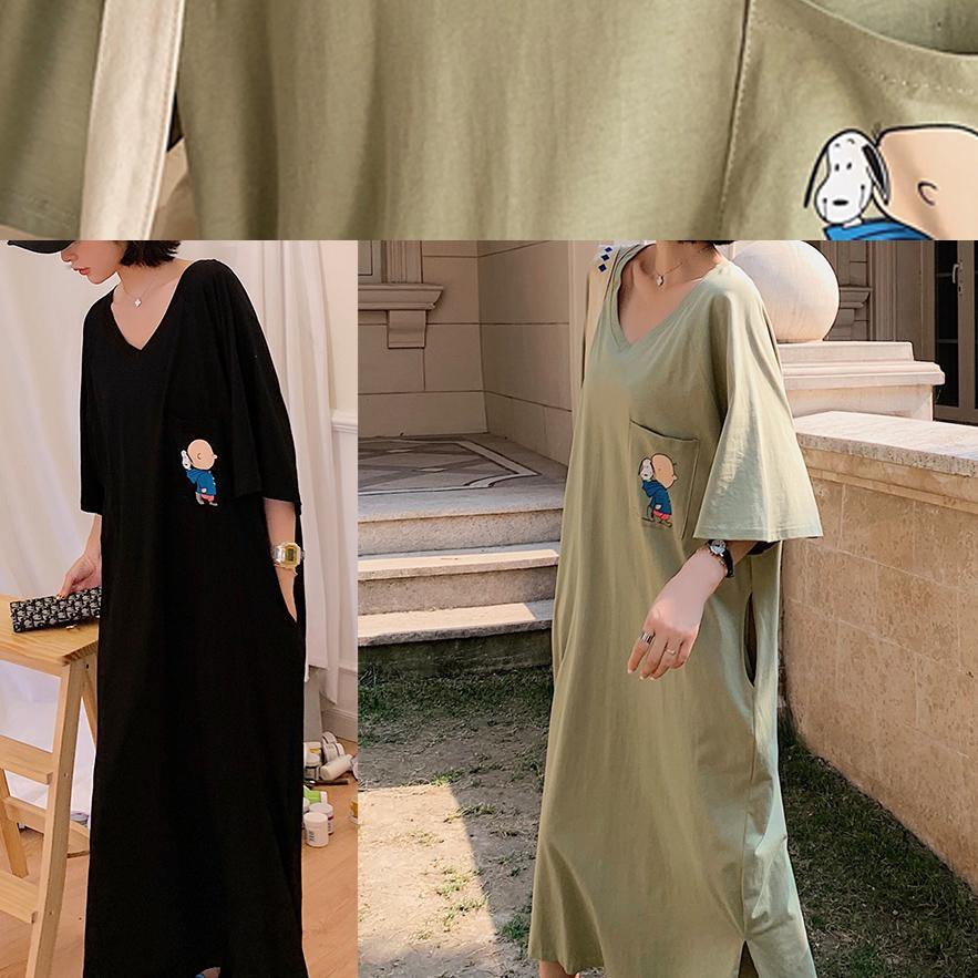 Unique low high design cotton Tunics Wardrobes army green v neck Robe Dresses summer - SooLinen