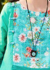 Unique o neck patchwork linen clothes For Women Outfits green print Dress summer - SooLinen