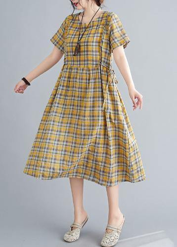 Unique o neck tie waist clothes Neckline yellow plaid loose Dress - SooLinen