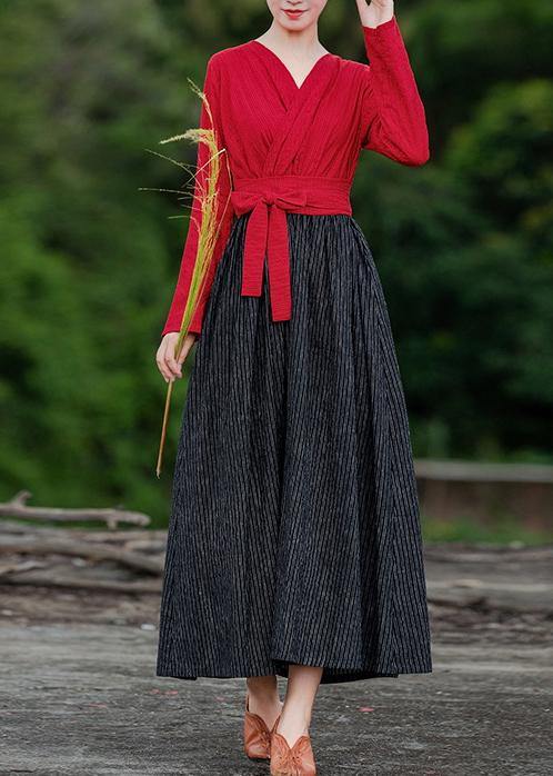 Unique red patchwork striped quilting clothes v neck large hem robes spring Dress - SooLinen