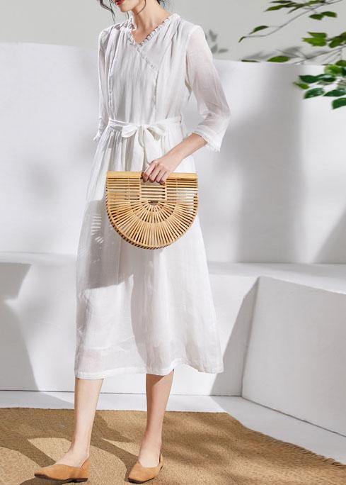 Unique v neck pockets linen Wardrobes white Dresses - SooLinen