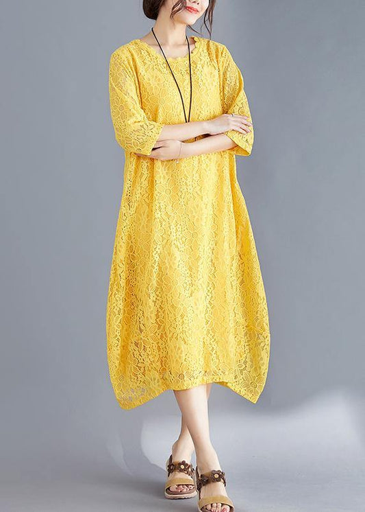 Unique yellow cotton outfit Indian Sleeve Half sleeve o neck Maxi Summer Dresses - SooLinen