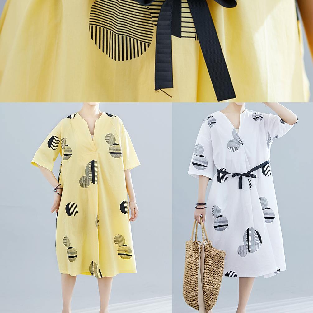 Unique yellow dotted cotton linen clothes For Women v neck half sleeve daily summer Dress - SooLinen