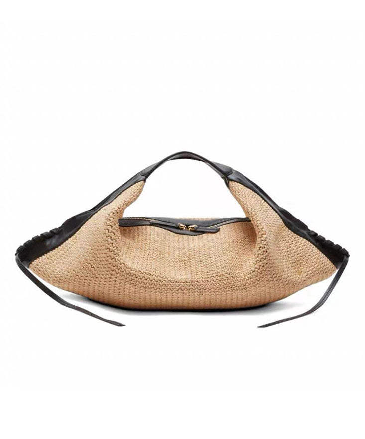 Vacation Style Khaki Large Capacity Straw Woven Tote Bag
