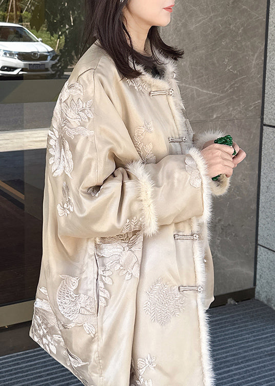Vintage Beige Embroidered Mink Hair Patchwork Fine Cotton Filled Coat Winter