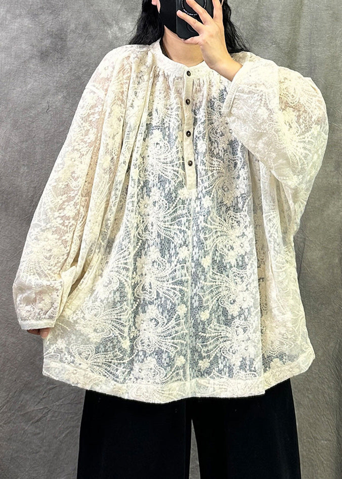 Vintage Beige Embroidered Plus Size Cotton Shirt Fall