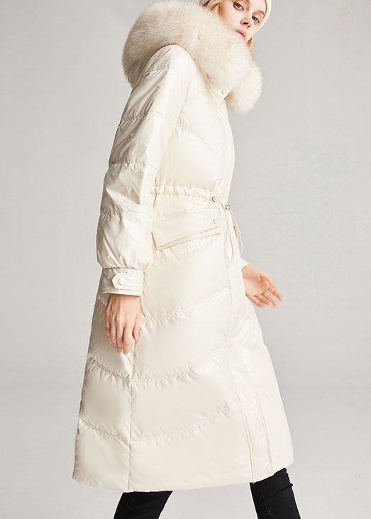 Vintage Beige White Fox collar drawstring Pockets slim fit Winter Duck Down Jackets