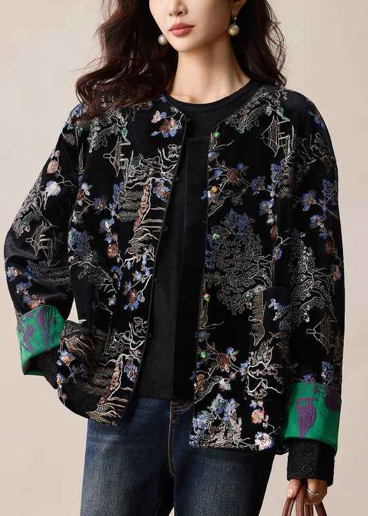 Vintage Black Embroidered Sequins Silk Velvet Coats Winter