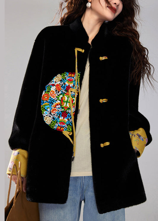 Vintage Black Embroidered Tasseled Faux Mink Velvet Coats Winter