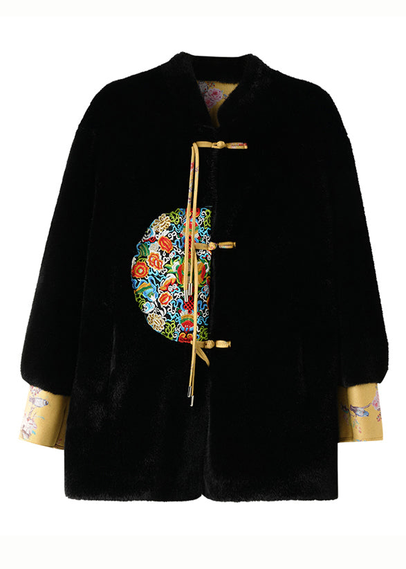 Vintage Black Embroidered Tasseled Faux Mink Velvet Coats Winter