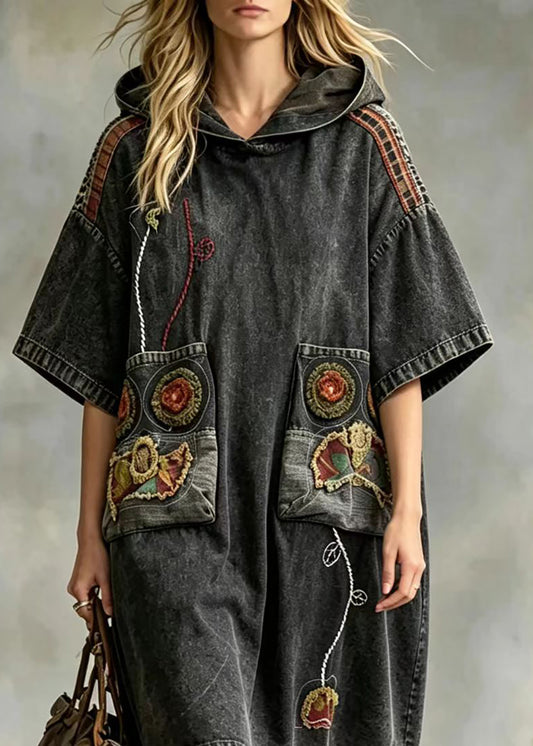 Vintage Black Hooded Patchwork Embroidered Big Pocket Denim Dress Short Sleeve