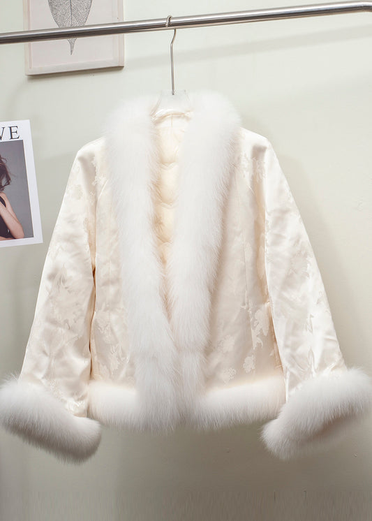 Vintage Black Jacquard Patchwork Fox Fur Duck Down Coat Winter