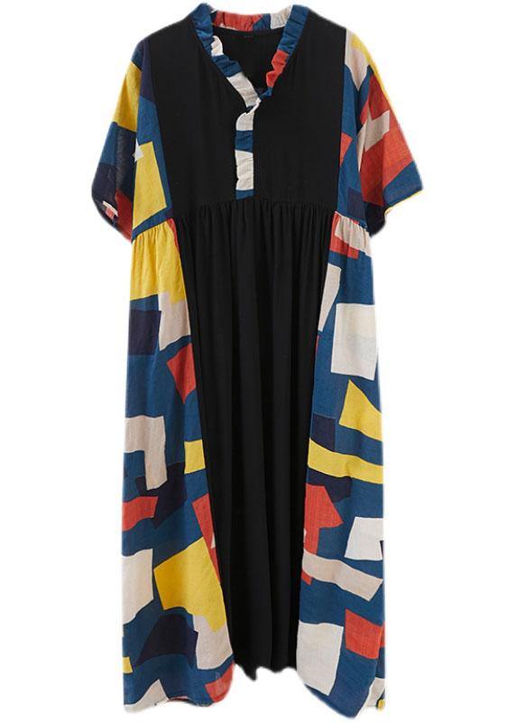 Vintage Black Loose Ruffles Pockets Patchwork Summer Dress Half Sleeve - SooLinen