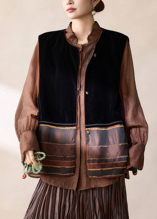 Vintage Black O-Neck Patchwork Velour Waistcoat Sleeveless