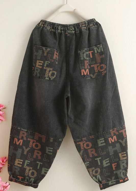 Vintage Black Pockets Graphic Print Denim Harem Pants Spring