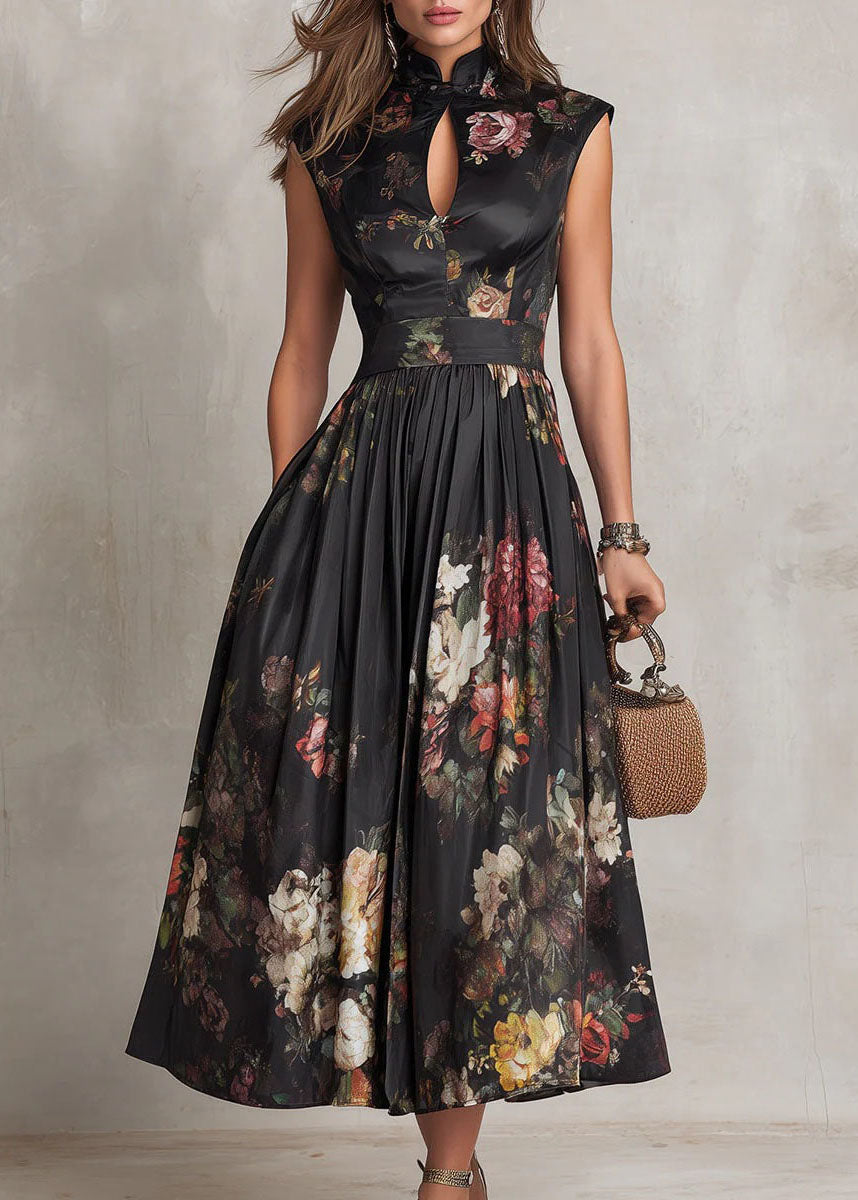 Vintage Black Stand Collar Print Pockets Cotton Dress Summer