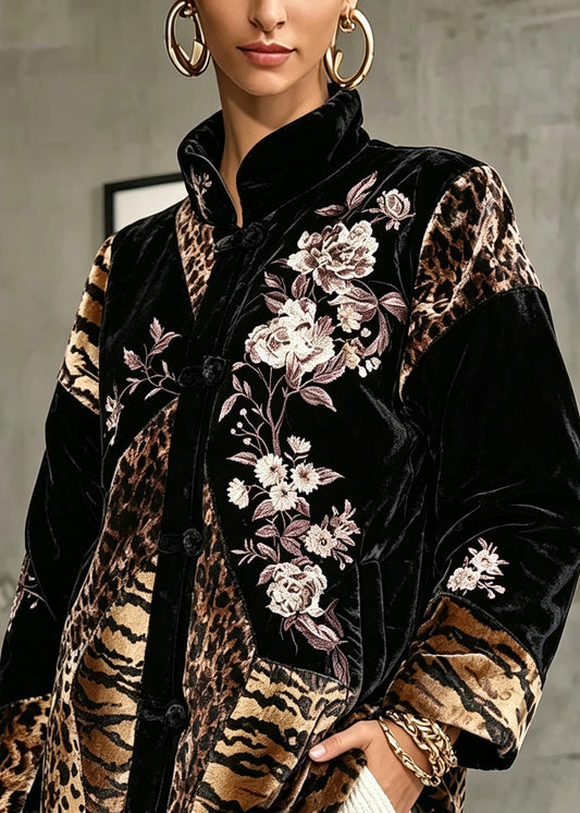 Vintage Black Stand Collar Print Silk Velour Coats Long Sleeve