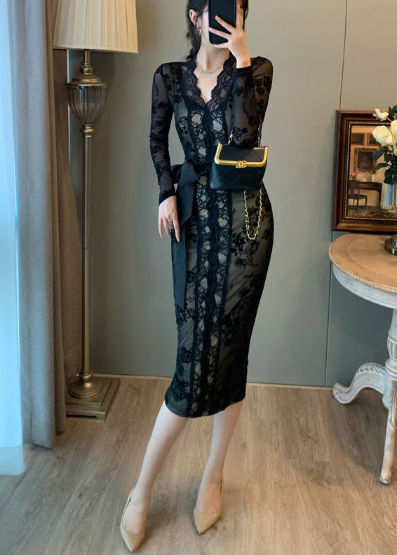 Vintage Black Tunic Lace Wraped Dress Summer