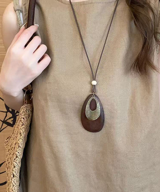 Vintage Black Wooden Patchwork Waxed Cord Sweater Pendant Necklace