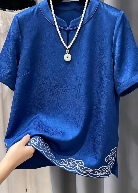 Vintage Blue Embroidered Jacquard Silk Oriental Blouses Summer