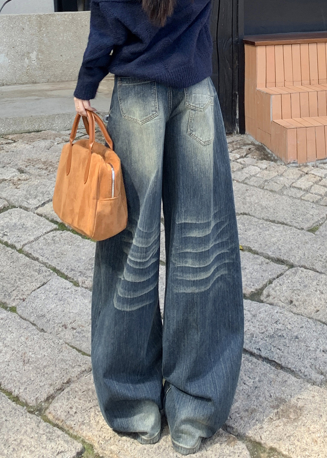 Vintage Blue Embroidered Pockets Denim Wide Leg Pants Spring