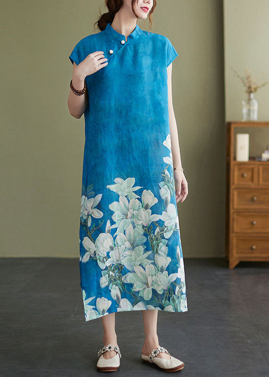 Vintage Blue Mandarin Collar Floral Print Side Open Cheongsam Dresses Short Sleeve