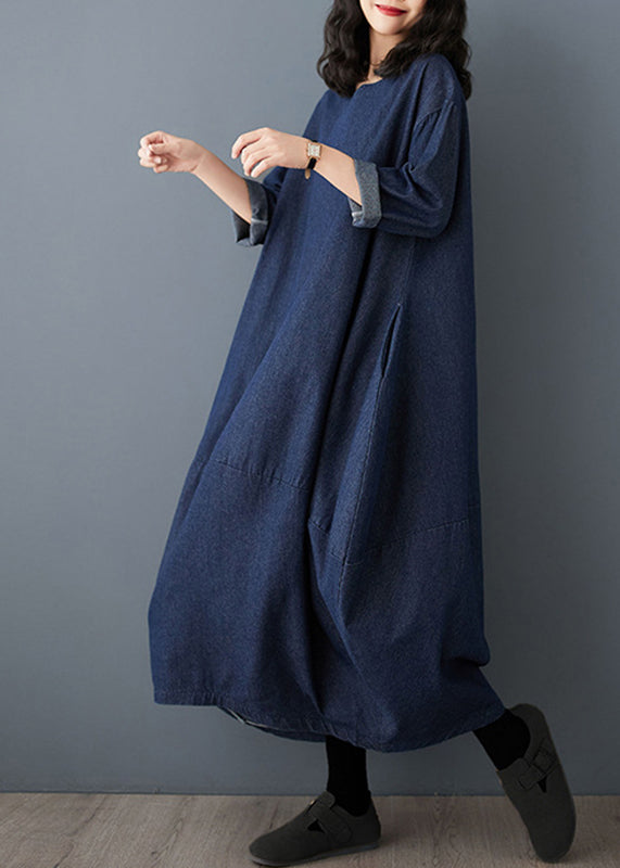 Vintage Blue O-Neck Denim Maxi Dress Ruffled Sleeve