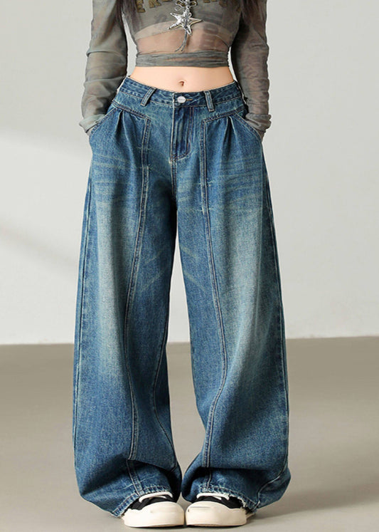 Vintage Blue Pockets Patchwork Wide Leg Jeans Spring